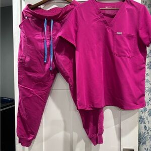 Figs Pink scrubs with Blue Accents